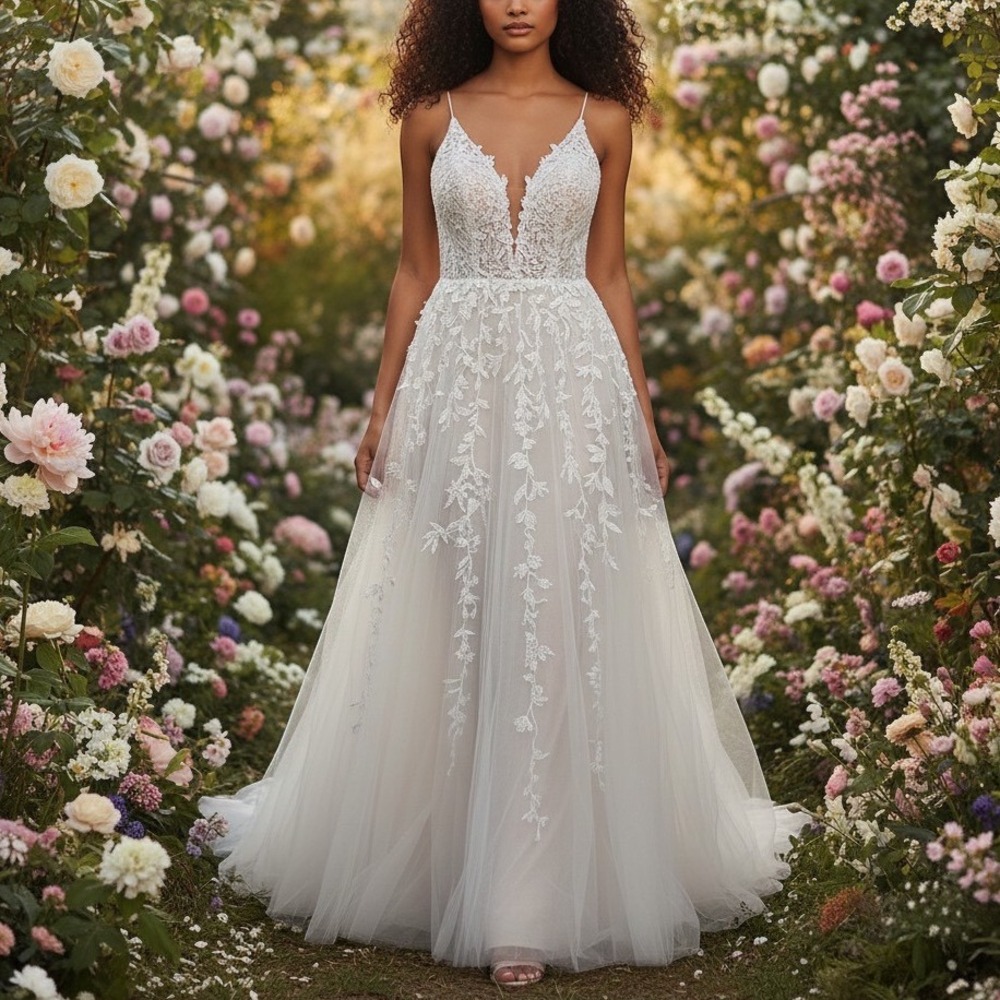 Unbranded White Floral Lace Tulle A-Line Wedding Dress Women 4 NWT Bridal Gown